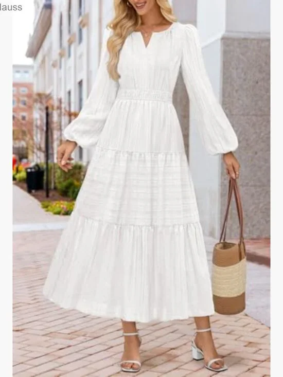 Long Sleeve V Neck Tiered Cotton Maxi Dress with Pockets Midi Casual - Picture 2 of 7